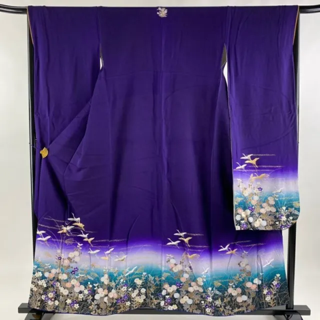 Japanese Kimono Furisode Pure Silk Dark Purple Color Gold Paint Crane