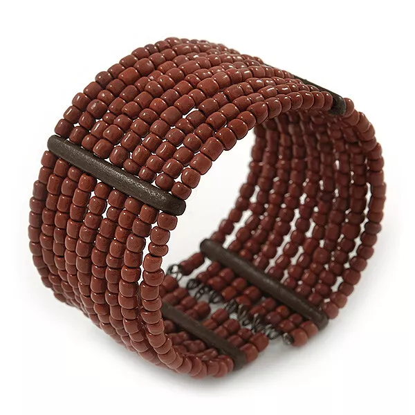 Wide Multistrand Brown Glass Bead Flex Cuff Bracelet - 18cm L