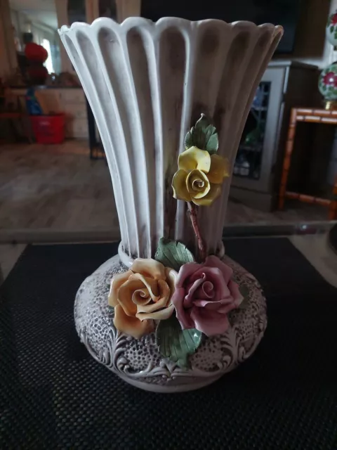 Capodimonte Italy Vintage Porcelain Large Vase Urn 14" tall Flowers Roses