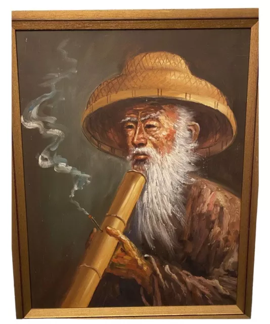 Old Original Oil On Canvas Asian Vivid Painting Of Man Smoking Pipe 25" X 20"
