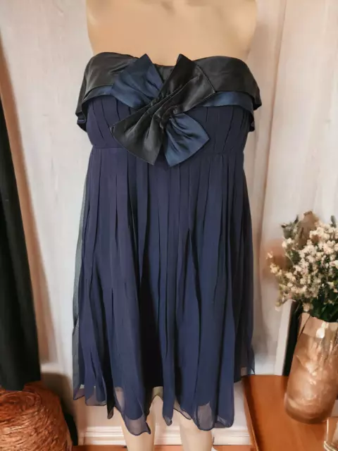 Women's Vera Wang Lavender Label Navy Bow Silk Strapless Cocktail Dress Size 2