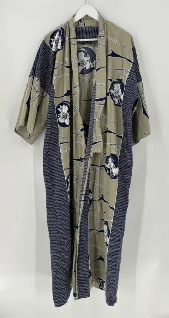 Kimono Robe Womens One Size Beige Blue Baby Print Open Maxi Length Cotton