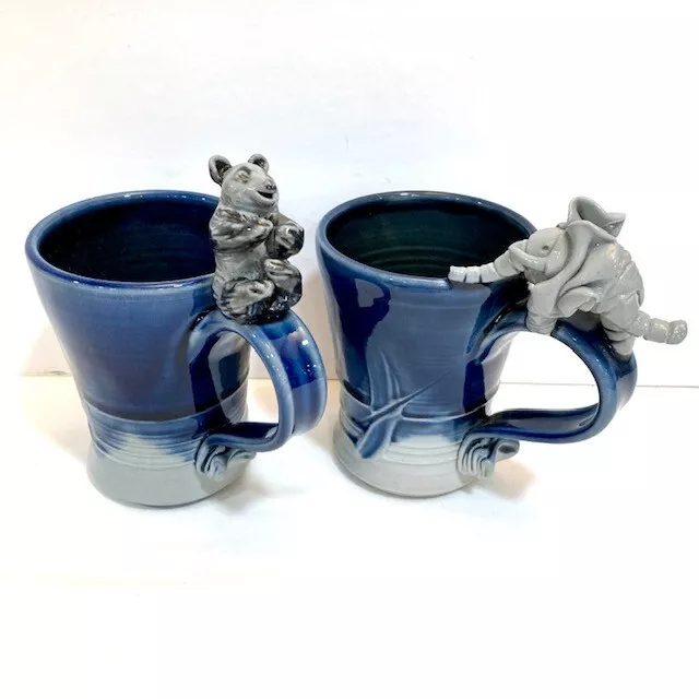 2 Signed Ceramic Blue and Gray Mugs Cups Elephant and Bear on Handles 4"