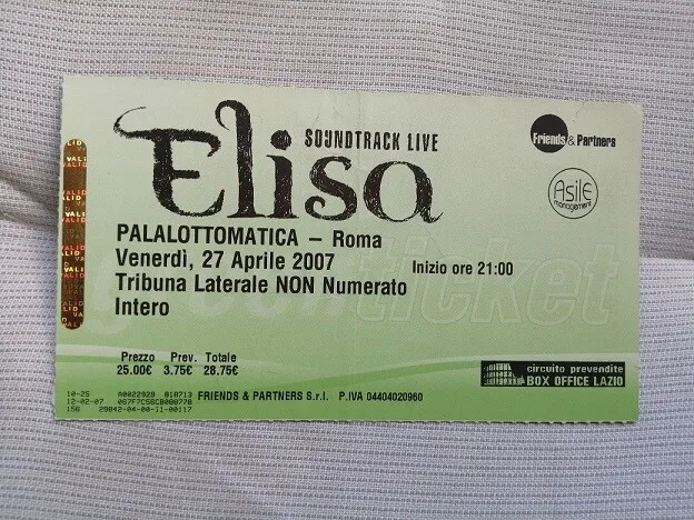 Biglietto Concerto ELISA SoundTrack Live 2007 ROMA Ticket