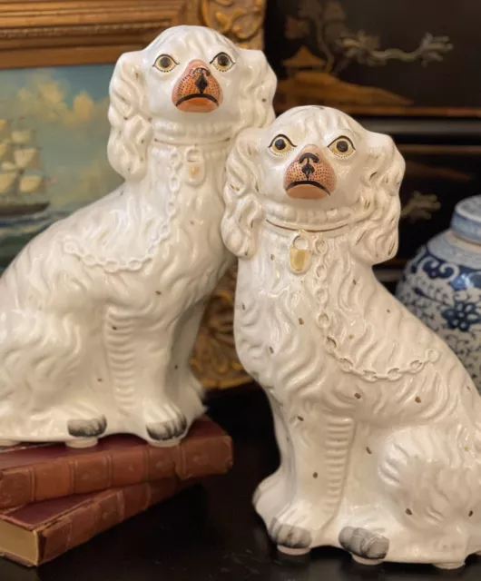 Glorious Large 19C White English Staffordshire Spaniel Mantle Dog Pair 12.75”