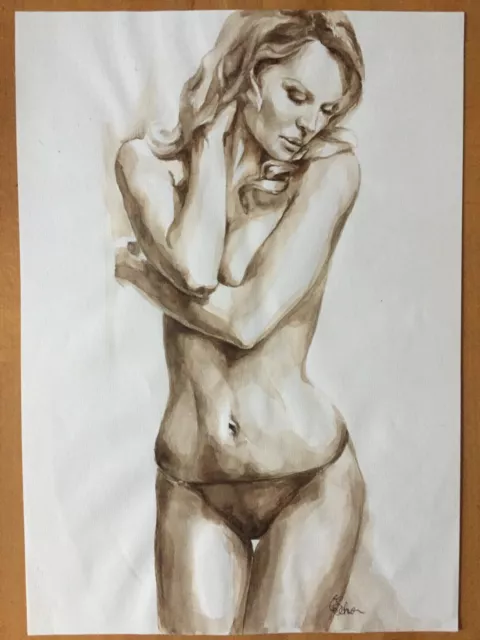 Aquarell DIN A3, Portrait Gemälde Original Signiert, Frau Akt nude b/w sexy