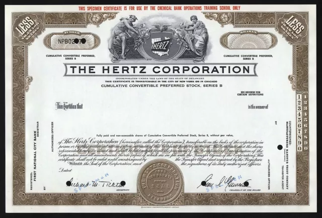 The Hertz Corporation - Specimen Stock Certificate For Training Bank Employees