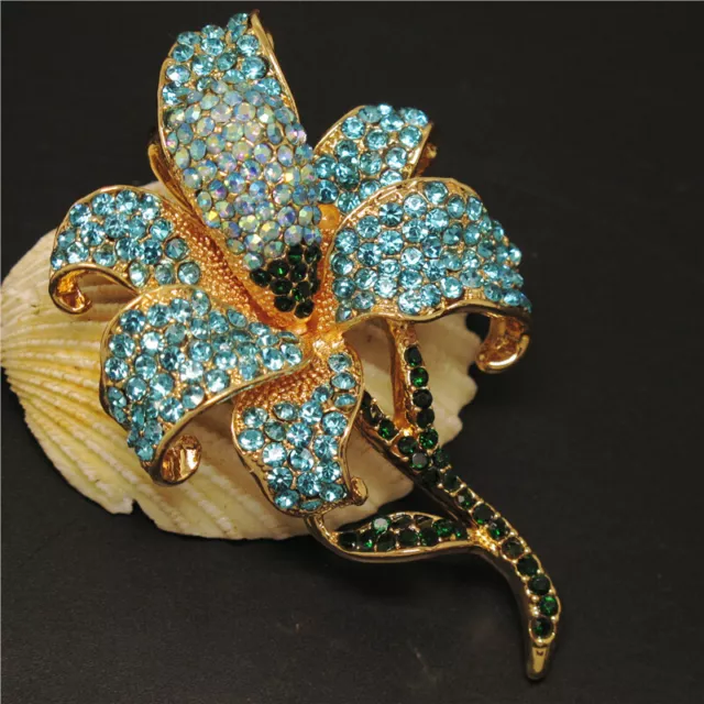 New Blue Rhinestone Cute Bling Flower Crystal Fashion Women Charm Brooch Pin