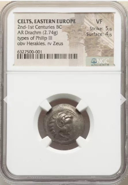 NGC VF Celts Eastern Europe Ancient, Philip III Type Greek AR Drachm Silver Coin 2