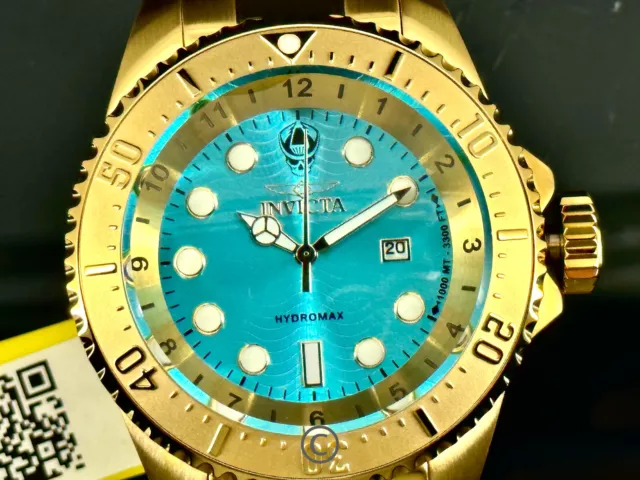 NEW Invicta Hydromax 37594 Aqua Blue 52mm Dial All Gold Tone SS Bracelet Watch 2