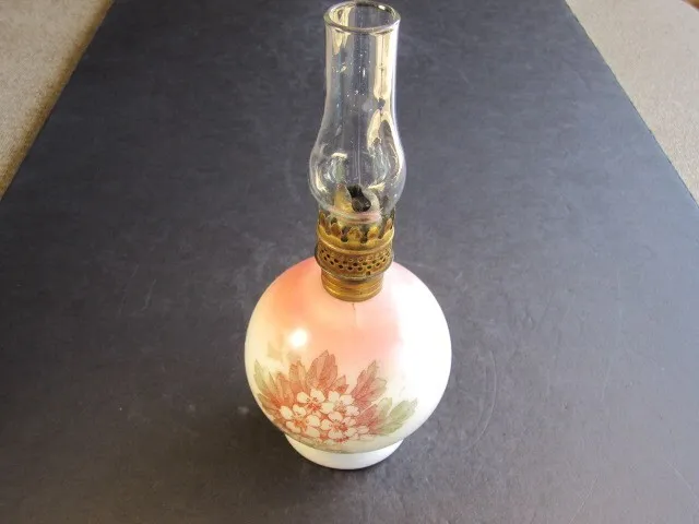 Vintage Small Kerosene Lamp Floral Pattern & Milk Glass Clear Shade 8.5" Tall