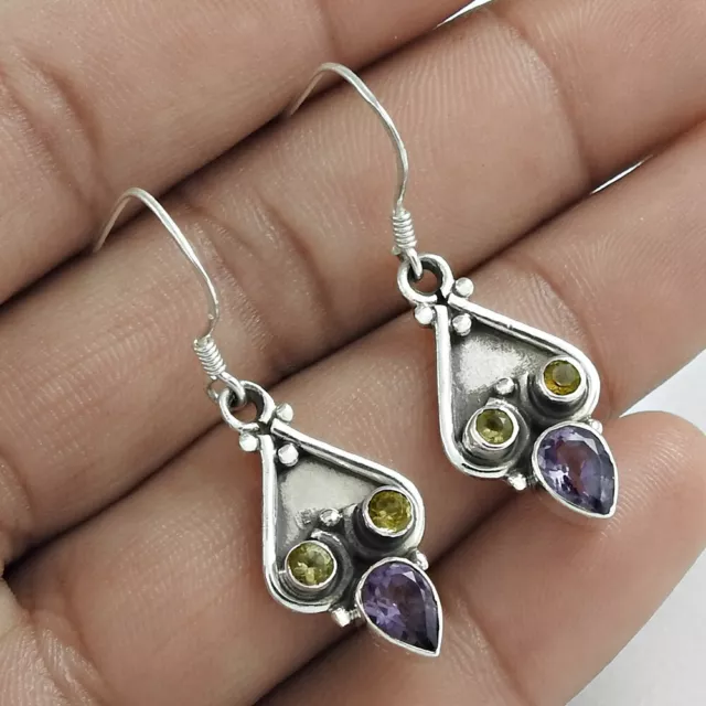 Natürlich Amethyst Edelstein Tropfen / Lang Ethnisch Ohrstecker 925 Silber Für