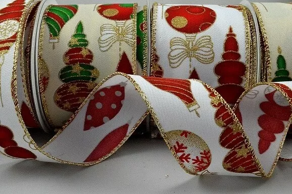 Weiß/Creme Kabel Weihnachtsband + Gold Glitzernde Kugeln & Schleifen 38mm x 10M Rolle