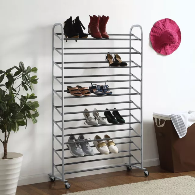 10 Tier Rolling Shoe Rack Metal Frame Open Storage Shelving Organizer Heavy Duty