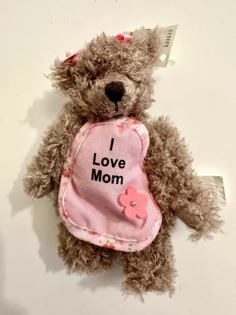 Vintage Y2K RUSS Berrie Teddy Bear “I Love Mom” Apron Soft Plush Moveable 5” NWT