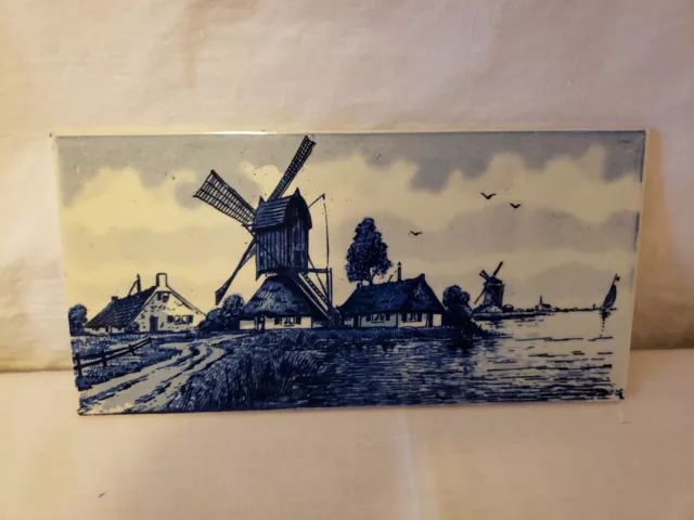 Vintage Hand-Painted Delft Blue Windmill Landscape Tile