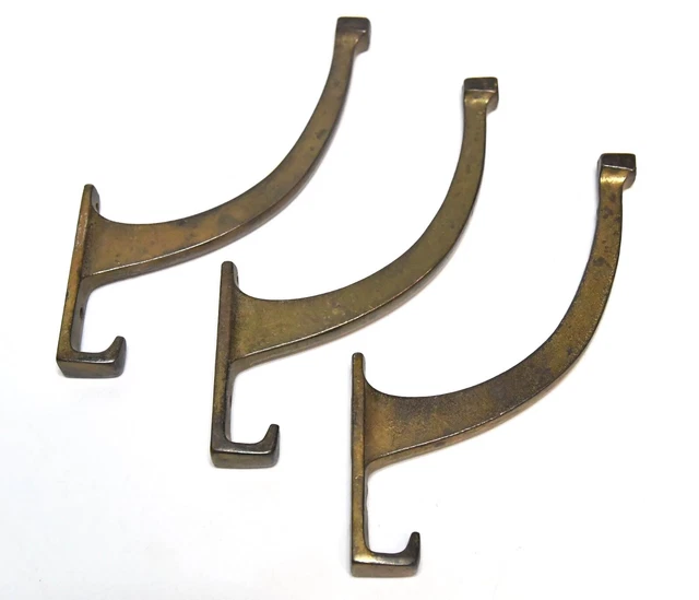 3 Vintage Metal Brass Finish Deco Style Hooks Architectural Salvage