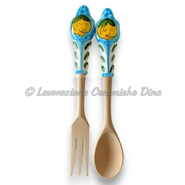 Coppia Di Mestoli Di Legno Con Manico In Ceramica Decoro Limoni Fondo Celeste