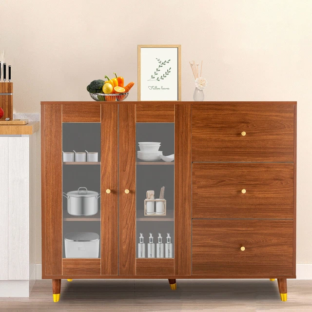 Kitchen Sideboard Buffet Storage Cabinet Console Table w/ Drawers & Glass Doors