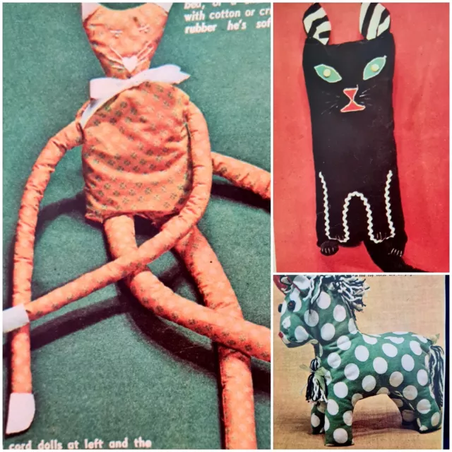 1970s Long Leggedy Cat  Doll  Square Retro Pig Owl Pillow Pets Sewing Pattern