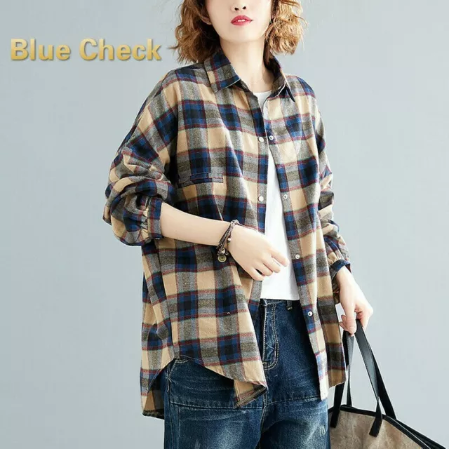 DONNA QUADRI CAMICETTA Plaid Camicia Larga Bottoni Casual Cotone