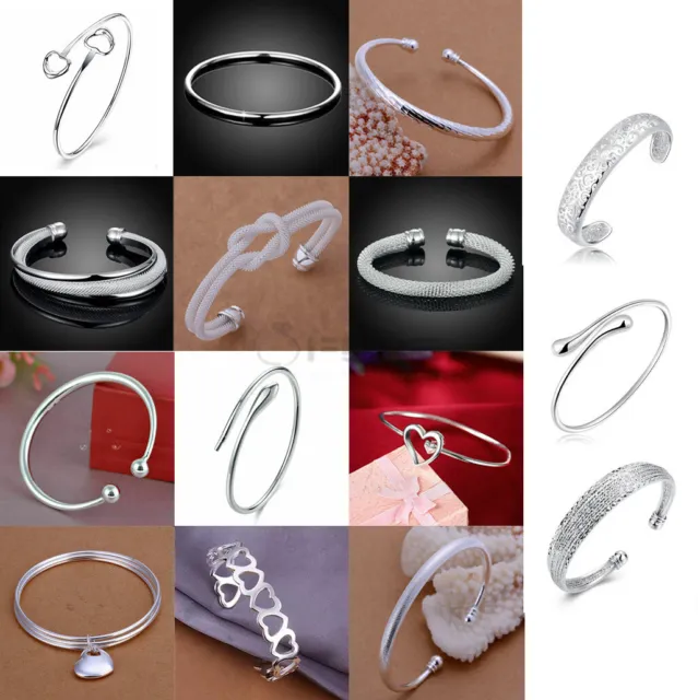 925 Sterling Silver Open Cuff Charm Bangle Women Bracelets Love Gift Jewellery