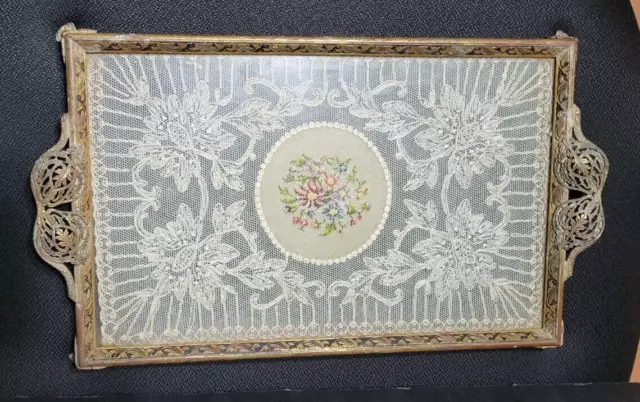 14" Antique Vtg Filigree Brass Lace Petit Point Embroidery Vanity Tray