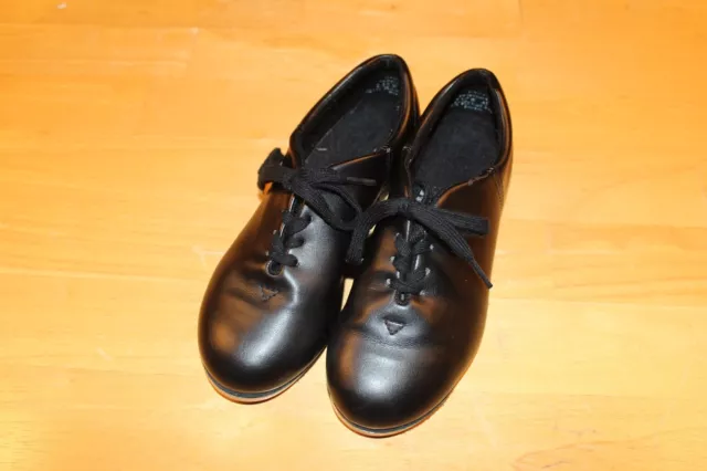 Capezio Girls Black Leather Round Toe Lace Up Tele Tone Tap Dance Shoes Sz 2.5W 3