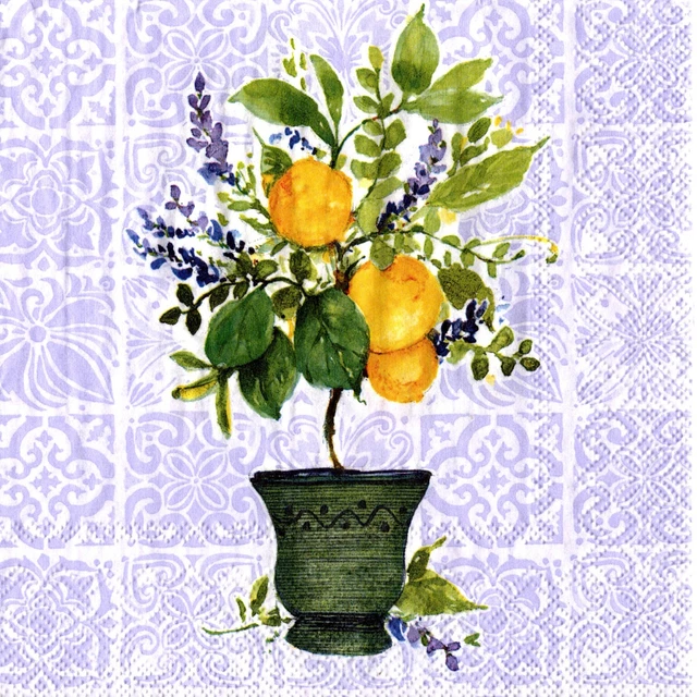 Serviettes en papier citrons citronnier en pot. Napkins lemon citrus in pot