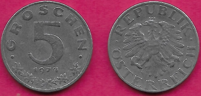 Austria 5 Groschen 1974 Vf Imperial Eagle With Austrian Shield On Breast,Ho