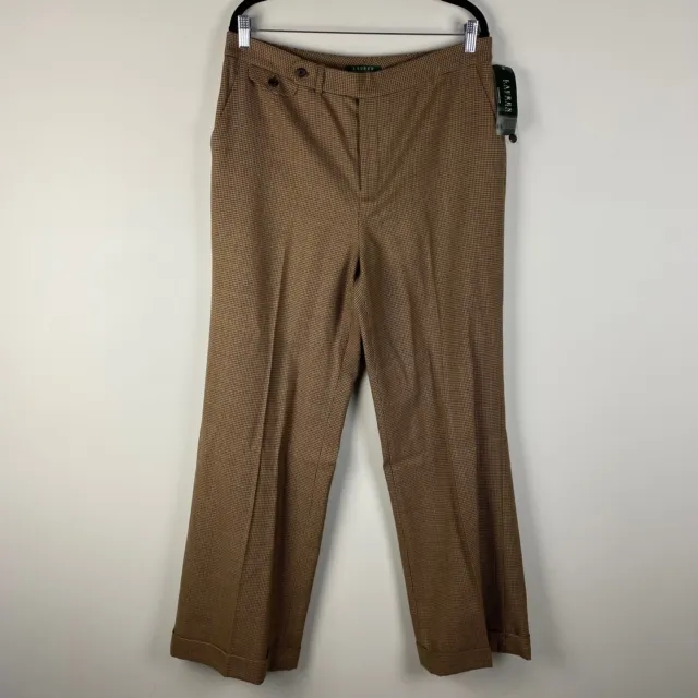 Lauren Ralph Lauren Wool Dress Pants Size 14 Brown Black Houndstooth Cuffed Leg