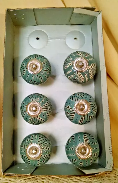 Drawer Knob Set 6 New Blue Ceramic Silver Metal Hardware Cabinet Drawer Pulls.