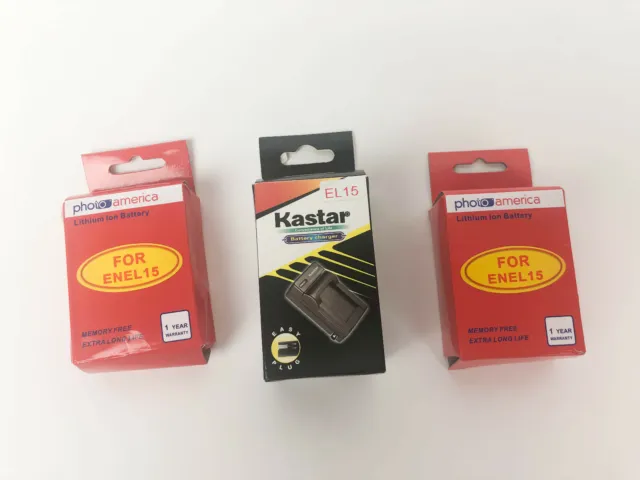 Cargador USB delgado Kastar EL15 (MH-25) + (2) baterías PhotoAmerica EN-EL15