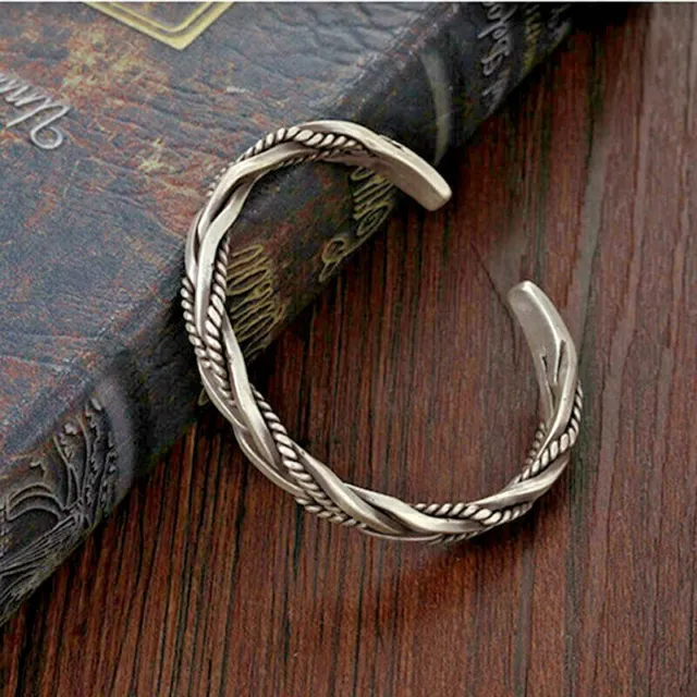 Men's Silver Plated Thai Handmade Vintage Bangles Twisted Cuff Viking Bracelets