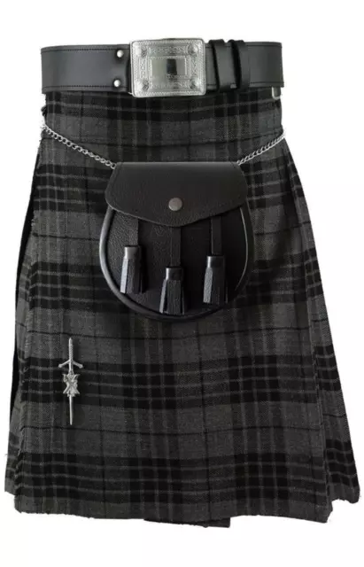 CC Scottish Mens Kilt Traditional Highland Dress Skirt Grey Watch Tartan 5Pcs