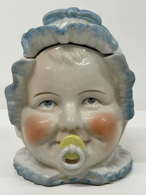 Antique 19TH Century German Novelty Ceramic Tobacco  Jar / Humidor Baby Head