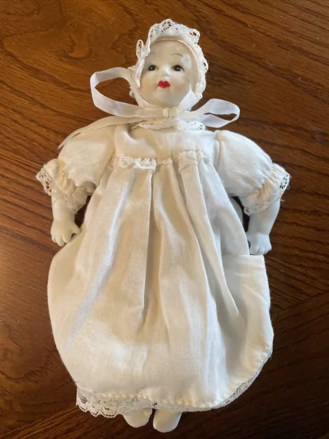 8” vintage baby doll,  bisque head/hands/feet cloth -body christening dress