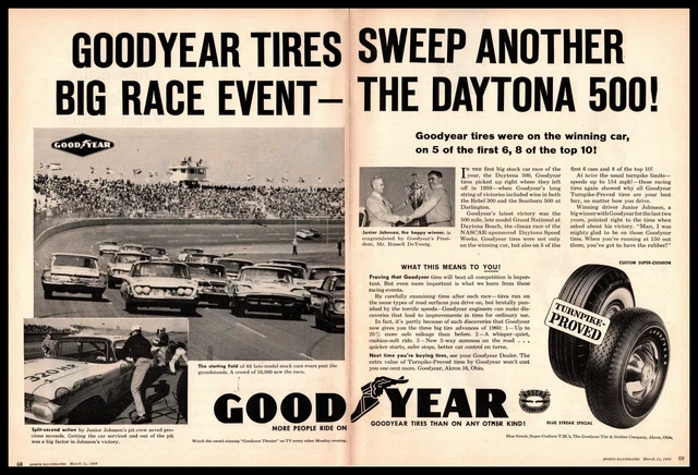 1960 Firestone Tires "Sweep Another Big Race. The Daytona 500!" 2-Page Print Ad