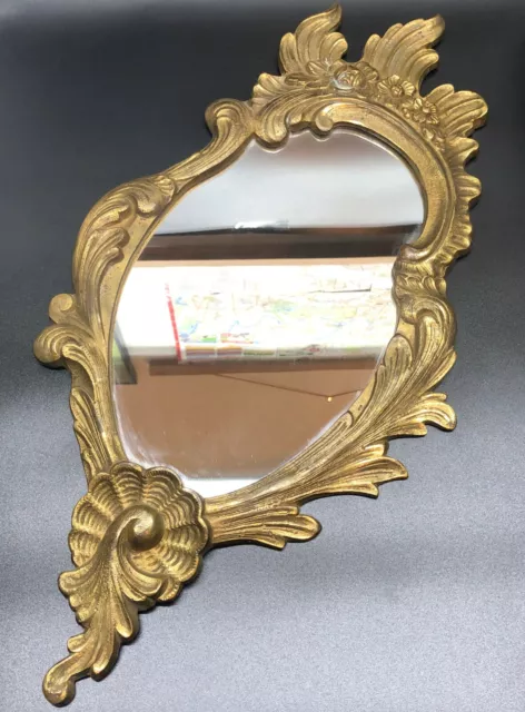 Antique 21" Brass Wall Mirror Ornate French Louis XV Hollywood Regency Gold Tone