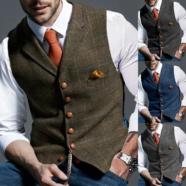 Nuovo Uomo Plaid Gilet da Bavero Vintage Slim Business Formale Abito Canottiera