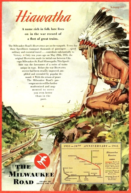 1945 Ad~MILWAUKEE ROAD Railroad~ Hiawatha Anniversary ~Indian Chief in Headdress