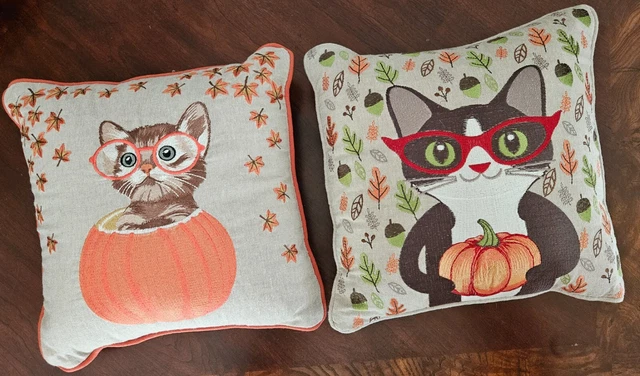 Pier 1 Imports Embroidered Pumpkins Cats Pillows Fall Autumn Thanksgiving