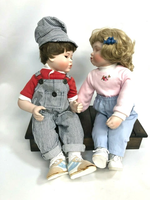 Hamilton Collection First Kiss by Donald Zolan Boy & Girl Porcelain Dolls Bench
