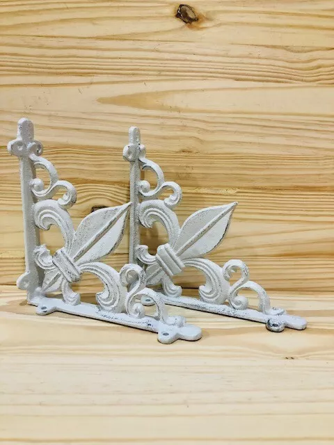 2 Cast Iron Fleur De Lis Shelf Brackets Brace Corbel Door Garden Distressed Prop 2