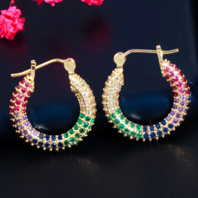 Chic Gold Plated Multicolor Cubic Zircon Hoop Earrings Women Jewelry Accessories