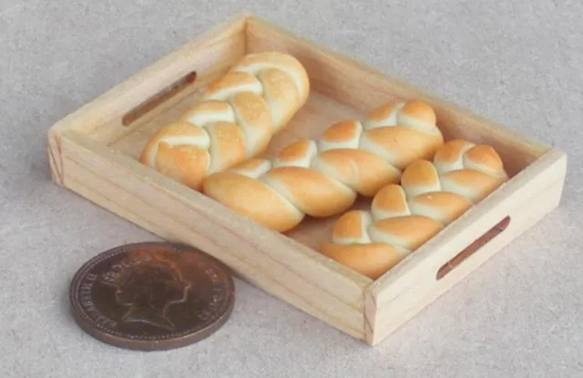 1:12 Scale 3 Loose Plaited Loaves In A Wooden Tray Tumdee Dolls House Bread