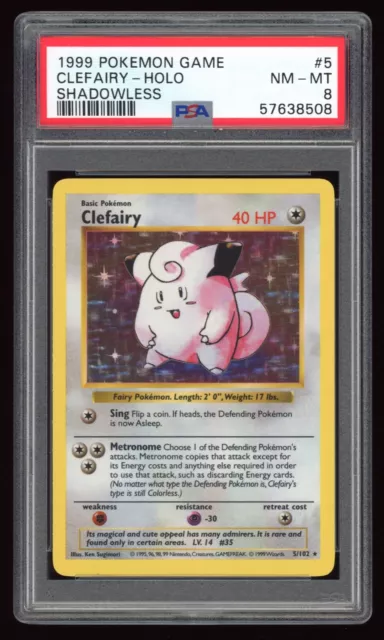 1999 PSA 8 NM-Mint Clefairy Shadowless Holo Base Set Pokemon Card 5/102 WOTC