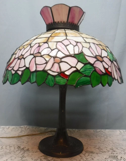 Vintage Tiffany Style Floral Shade w/ Pink Crown & Floral Base