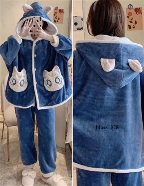 Sailor Moon Flannel Pajamas Set Women Cartoon Luna Cat Hooded Homewear Suit Robe