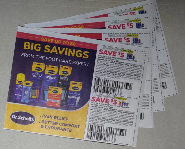 Dr. Scholl's coupons 4 sheets (8 coupons total) - foot care  - Expires 4/15/23